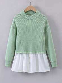 SHEIN Tween Girl Contrast Hem Drop Shoulder Sweater - Green - View 1
