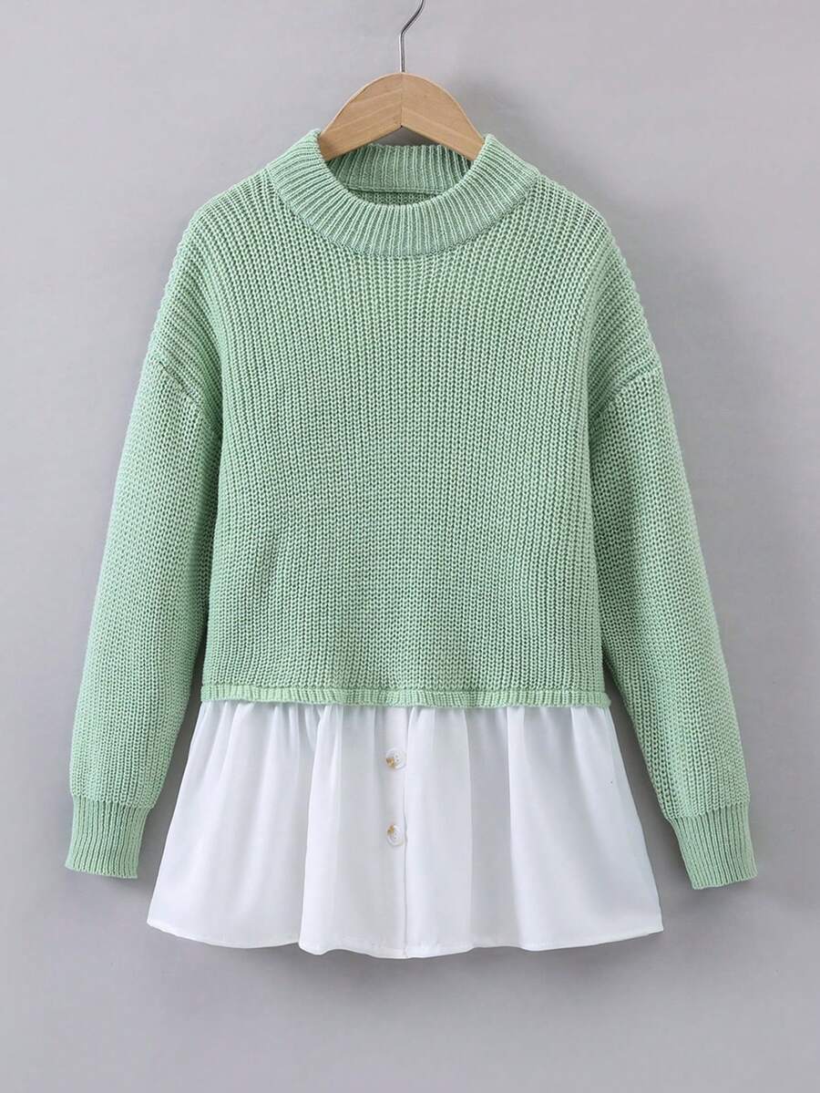 SHEIN Tween Girl Contrast Hem Drop Shoulder Sweater - Green - View 1