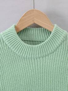 SHEIN Tween Girl Contrast Hem Drop Shoulder Sweater - Green - View 3