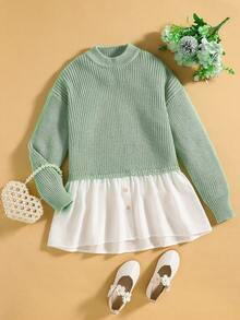 SHEIN Tween Girl Contrast Hem Drop Shoulder Sweater - Green - View 6