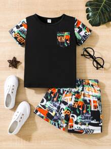 SHEIN 男小童字母圖案口袋貼布T恤和短褲 - 彩色 - 查看 1