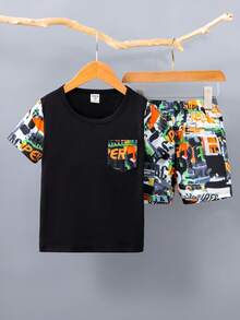 SHEIN 男小童字母圖案口袋貼布T恤和短褲 - 彩色 - 查看 4