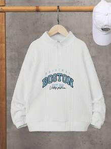 SHEIN Tween Boy Embroidery Letter Pattern Drop Shoulder Sweatshirt - White - View 1