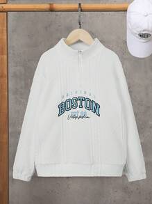 SHEIN Tween Boy Embroidery Letter Pattern Drop Shoulder Sweatshirt - White - View 3