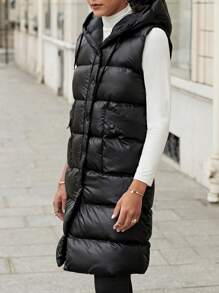 RueChic Solid Hooded Puffer Vest Coat - Black - View 5