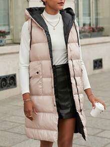 RueChic Zip Up Drawstring Hooded Puffer Vest Coat - Beige - View 1