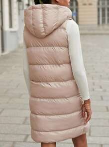 RueChic Zip Up Drawstring Hooded Puffer Vest Coat - Beige - View 2