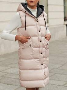 RueChic Zip Up Drawstring Hooded Puffer Vest Coat - Beige - View 3