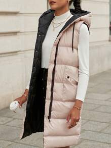 RueChic Zip Up Drawstring Hooded Puffer Vest Coat - Beige - View 4