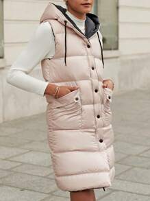 RueChic Zip Up Drawstring Hooded Puffer Vest Coat - Beige - View 5