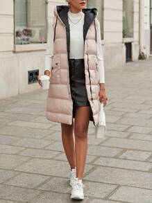 RueChic Zip Up Drawstring Hooded Puffer Vest Coat - Beige - View 6