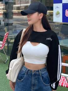 DAZY Đồ họa Chữ cái Thả vai Siêu crop Áo nỉ Không có áo Top Cami - màu đen - Xem 1