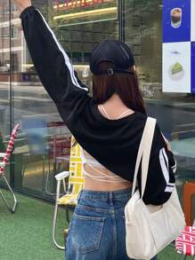 DAZY Đồ họa Chữ cái Thả vai Siêu crop Áo nỉ Không có áo Top Cami - màu đen - Xem 2