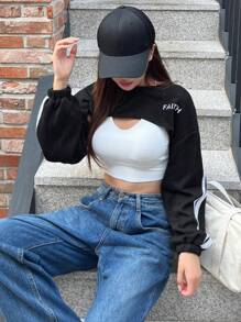 DAZY Đồ họa Chữ cái Thả vai Siêu crop Áo nỉ Không có áo Top Cami - màu đen - Xem 4