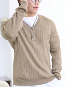 Manfinity Homme 男士1入組半排扣條紋針織套頭毛衣 - 杏色 - 查看 4