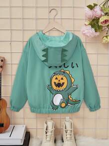 SHEIN 可愛口袋 拉鍊字母 卡通女童（大）夾克 - 綠色 - 查看 1