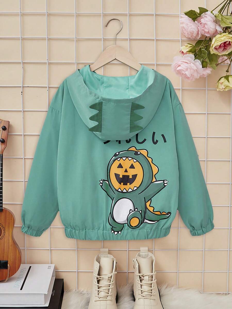 SHEIN 可愛口袋 拉鍊字母 卡通女童（大）夾克 - 綠色 - 查看 1