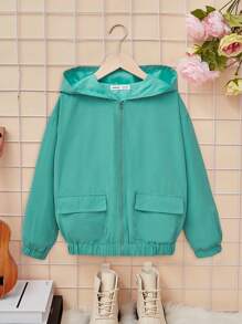 SHEIN 可愛口袋 拉鍊字母 卡通女童（大）夾克 - 綠色 - 查看 2