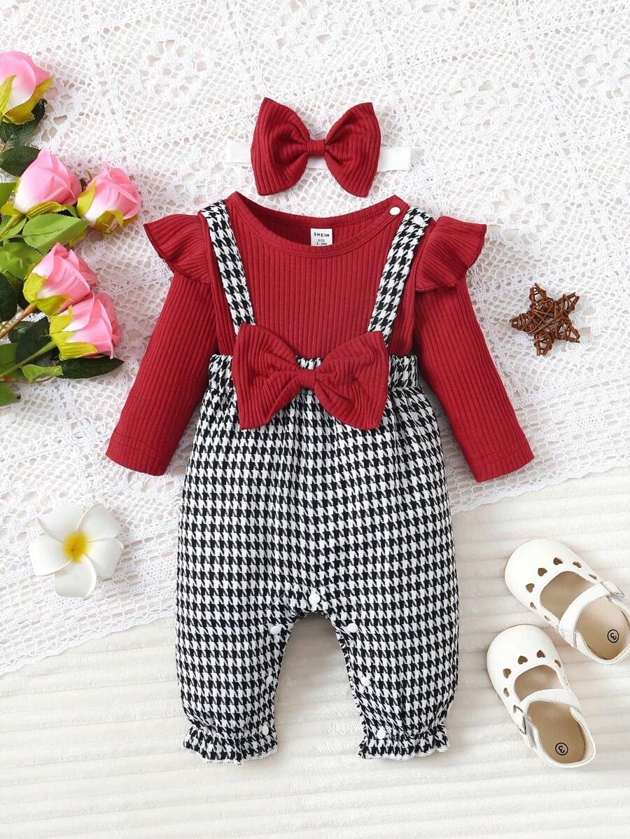 Bebé niña Mono con estampado de pata de gallo ribete con fruncido con lazo delantero 2 en 1 con banda cabeza - Burdeos - Ver 1