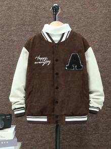 SHEIN Garoto pré-adolescente Letra Corrigida Guarnição Listrada Ombro Caído Forro de Pelúcia Jaqueta Varsity Sem Camiseta
