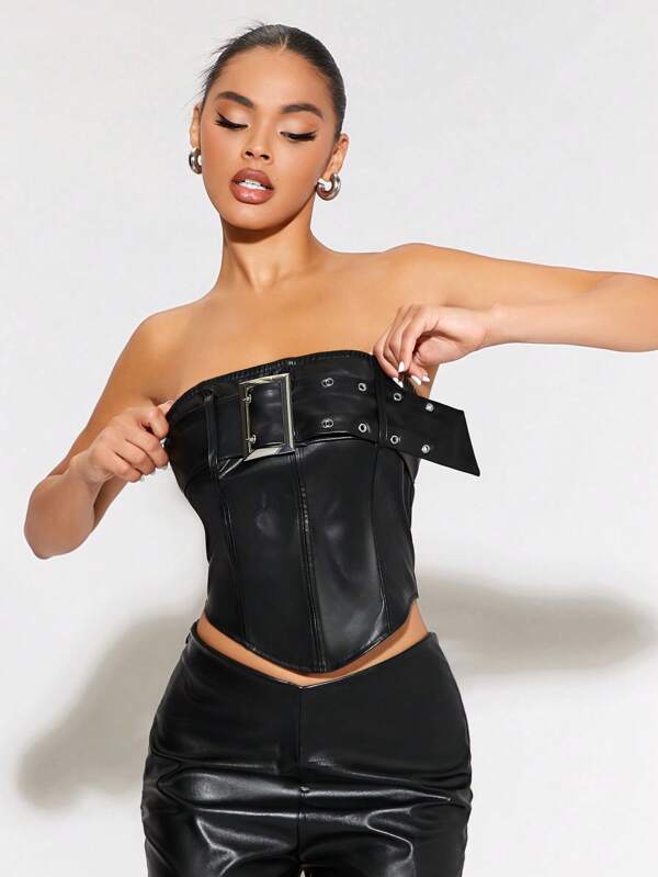 SHEIN BAE Buckle Detail PU Leather Tube Top