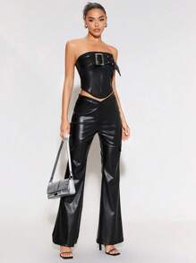 SHEIN BAE 帶扣細節PU皮革抹胸上衣