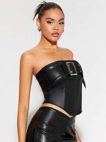 SHEIN BAE 帶扣細節PU皮革抹胸上衣