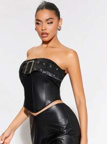 SHEIN BAE 帶扣細節PU皮革抹胸上衣