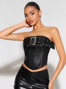 SHEIN BAE 帶扣細節PU皮革抹胸上衣