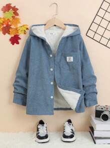 SHEIN Tween Boy Extra Thick Comfortable Hooded Solid Color Shirt With Thermal Lined - Blue - View 1