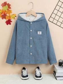 SHEIN Tween Boy Extra Thick Comfortable Hooded Solid Color Shirt With Thermal Lined - Blue - View 4