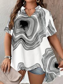 Plus Annual Ring Print High Low Hem Blouse - White - View 5