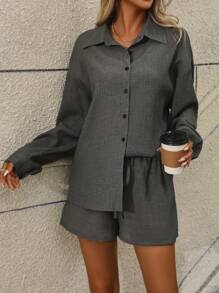 SHEIN LUNE Drop Shoulder Shirt & Knot Front Shorts