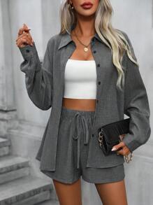 SHEIN LUNE Drop Shoulder Shirt & Knot Front Shorts