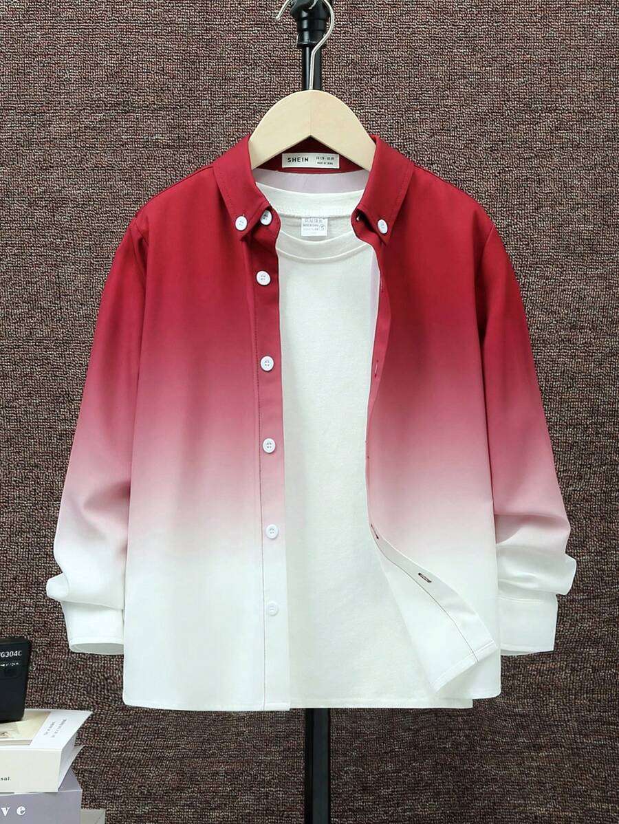SHEIN 男大童漸層前紐扣襯衫不帶T恤 - 紅白色 - 查看 1
