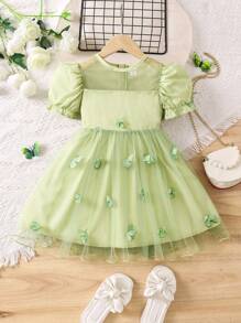 SHEIN 女小童貼花泡泡袖網紗覆蓋連衣裙