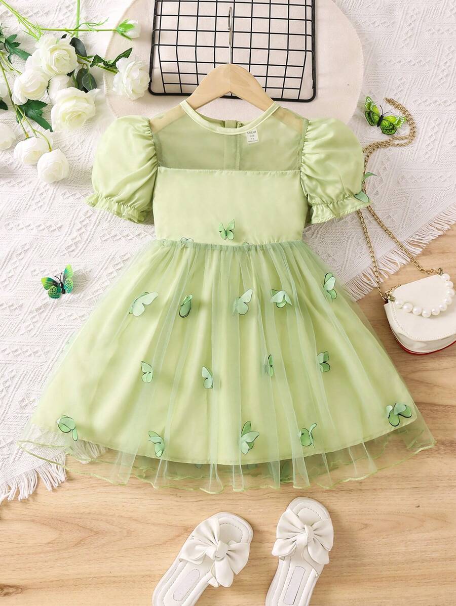 SHEIN 女小童貼花泡泡袖網紗覆蓋連衣裙