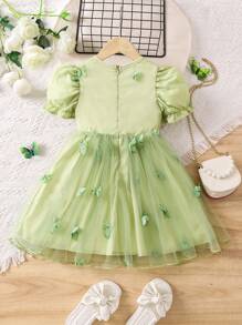 SHEIN 女小童貼花泡泡袖網紗覆蓋連衣裙