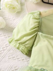 SHEIN 女小童貼花泡泡袖網紗覆蓋連衣裙