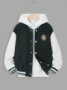 SHEIN Tween Boy 1pc Slogan & Figure Graphic Striped Trim Drop Shoulder Varsity Jacket - Black and White - View 2