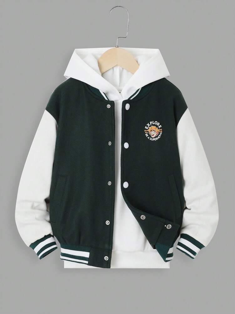 Tween Boy 1pc Slogan & Figure Graphic Striped Trim Drop Shoulder Varsity Jacket