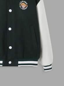 SHEIN Tween Boy 1pc Slogan & Figure Graphic Striped Trim Drop Shoulder Varsity Jacket - Black and White - View 4