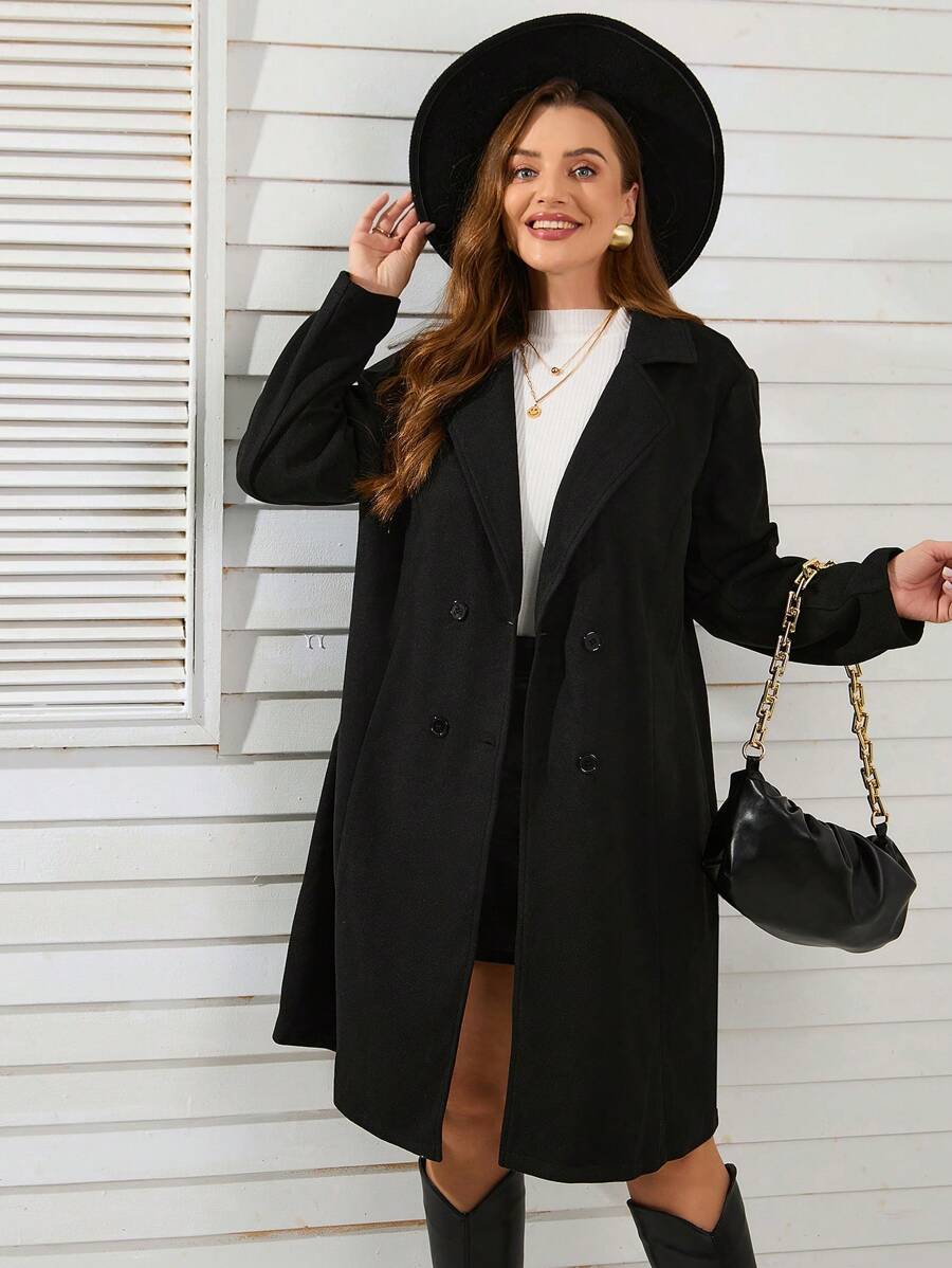 SHEIN Clasi Hơn Cổ áo Đôi ngực Áo khoác - màu đen - Xem 1