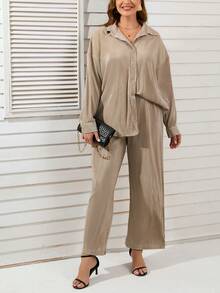 SHEIN LUNE Hơn Thả vai Áo sơ mi & Quần ống rộng - Màu Khaki - Xem 2