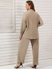 SHEIN LUNE Hơn Thả vai Áo sơ mi & Quần ống rộng - Màu Khaki - Xem 3