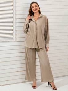 SHEIN LUNE Hơn Thả vai Áo sơ mi & Quần ống rộng - Màu Khaki - Xem 4