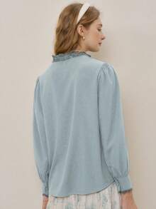 Simple Retro Camisa ribete con encaje con botón delantero - Celeste - Ver 2