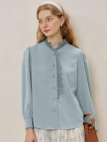 Simple Retro Camisa ribete con encaje con botón delantero - Celeste - Ver 3