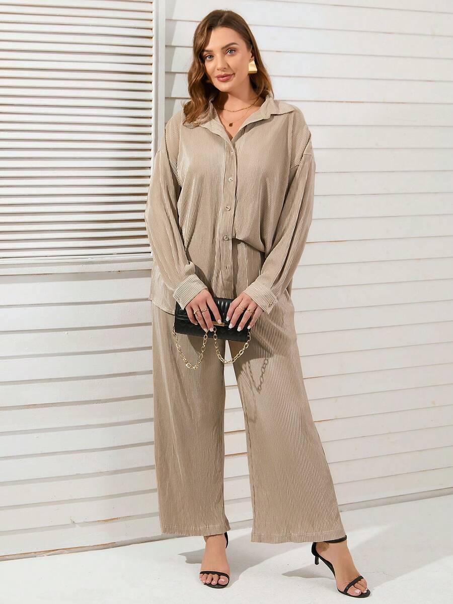 SHEIN LUNE Hơn Thả vai Áo sơ mi & Quần ống rộng - Màu Khaki - Xem 1