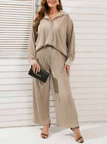 SHEIN LUNE Hơn Thả vai Áo sơ mi & Quần ống rộng - Màu Khaki - Xem 6